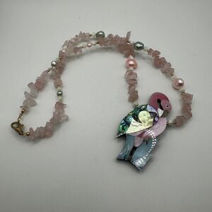 Vintage Lee Sands mother of pearl flamingo with rose quartz and pearls necklace!